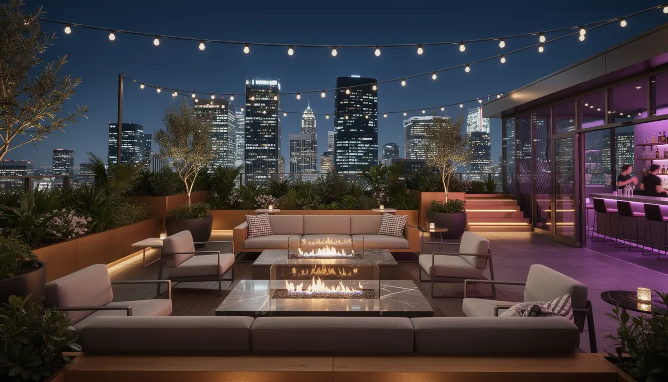 Rooftop Terrasse bei Nacht mit Blick ueber Berlin